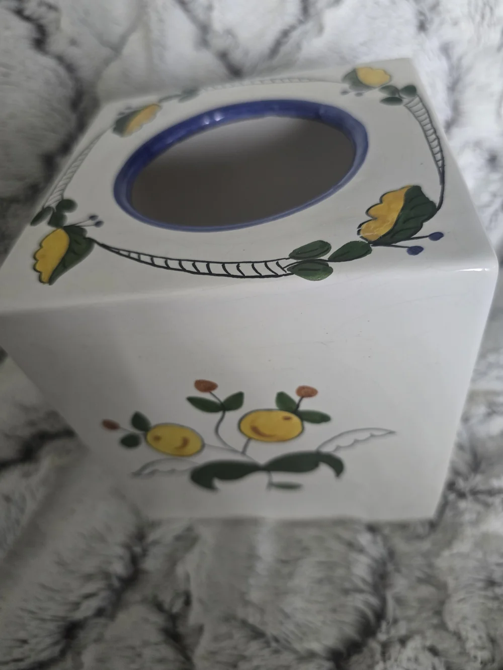 Hand-Painted Lemons Ceramic Tissue Box Cover Portugal Chip, Crazing, Crack